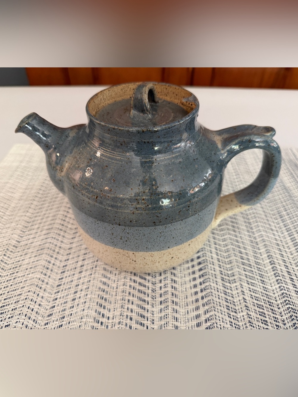 Hand Crafted Stoneware Teapot in Blue and Natural Speckled Clay Signed by Artist